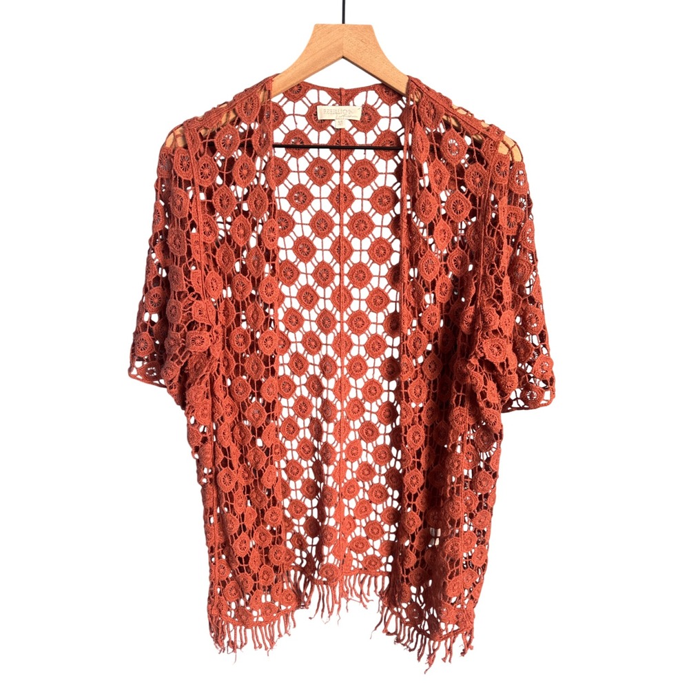 Rebellion Again Crochet Cardigan Rust Orange Boho Lace Fringe Festival Kimono M